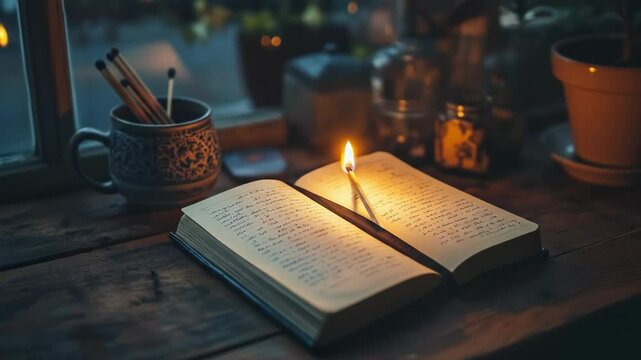 Open notebook on rustic table with candle and soft window light
