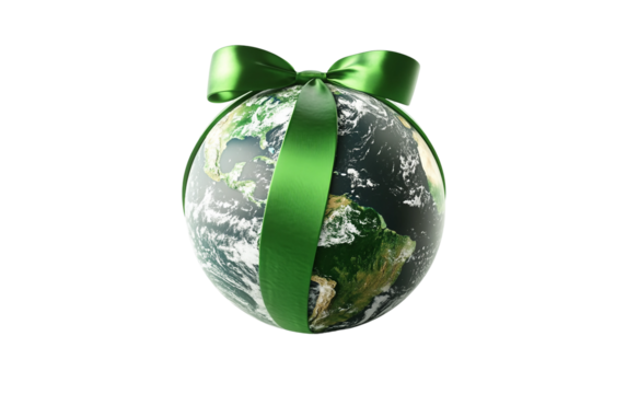 Planet Earth wrapped in a green ribbon symbolizing environmental protection and sustainability efforts isolated on transparent background PNG