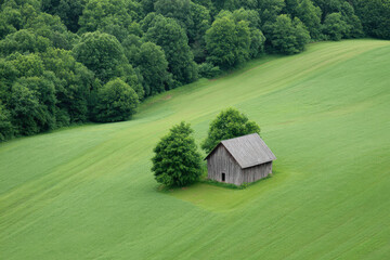 aerial view of solitary barn surrounded by lush green fields captured from height in orthogonal projection