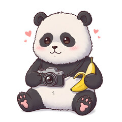 A cute panda character sits, holding an analogue camera around its neck and a peeled banana. Pink hearts float around the panda on a white background.