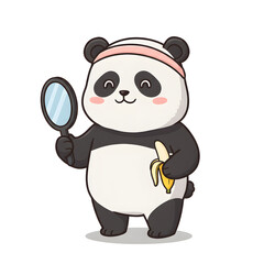 Naklejka premium A cartoon panda stands, holding a banana and a mirror. The panda wears a pink and white headband with a happy expression.