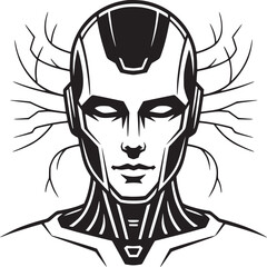 Monochrome illustration of a robotic humanoid head with wires extending from the head area design