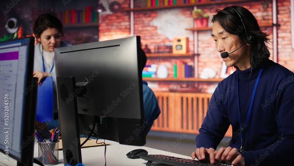 Poster call center senior agent providing step by step guidance to help customers using ai. customer center