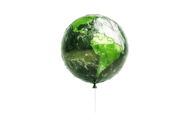 Realistic green Earth shaped balloon floating gently against a clear bright sky in outdoor environment isolated on transparent background PNG