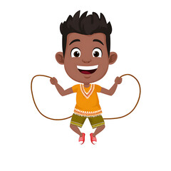 A cartoon boy with dark skin and hair is jumping rope against a black background with a big smile on his face on transparent background