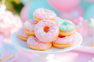 Close Up Shot Of A Stack Of Glazed Donuts Arranged Artistically With Colorful Sprinkles