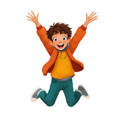 A cartoon boy with brown hair wearing an orange jacket and jumping with his arms raised in the air smiling on transparent background