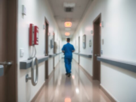 A blurry image of a hospital hallway with a person in scrubs walking away down the corridor view