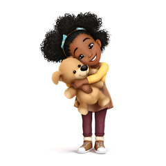 Illustration of a young african american girl hugging a teddy bear with a white background smiling lovingly on transparent background