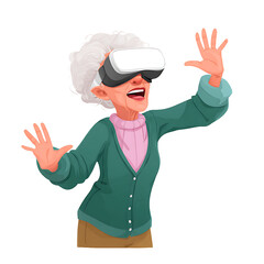 An elderly woman with white hair wearing a virtual reality headset and reaching out with both hands excitedly on transparent background