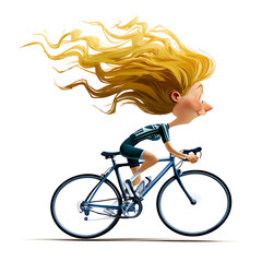 A cartoon woman with blonde hair riding a blue bicycle on a white background with a determined expression on transparent background