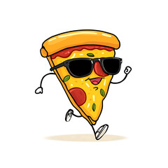 A cartoon pizza slice with sunglasses running on a white background in a fun and playful style on transparent background