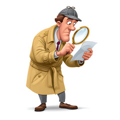 A cartoon detective in a tan trench coat examining a document with a magnifying glass on a white background on transparent background