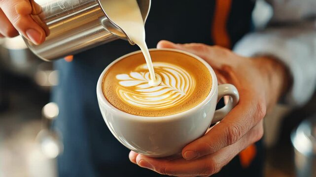 Latte Art Perfection: A barista expertly pours steamed milk into a cup of espresso, crafting a beautiful latte art design.