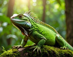 Obraz premium Green iguana in rainforest