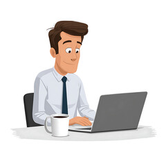 A cartoon man in a white shirt and tie working on a laptop with a mug of coffee on the desk beside him on transparent background