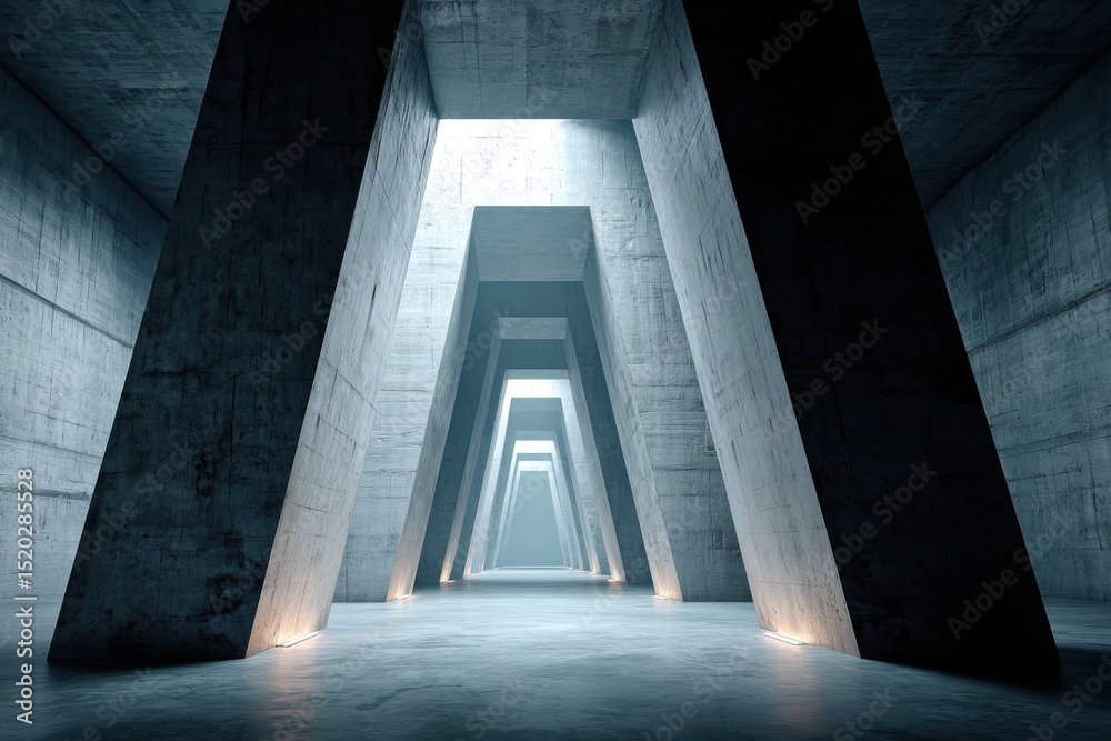 Poster abstract concrete architecture featuring repeating triangular pillars and a long tunnel, creating a 