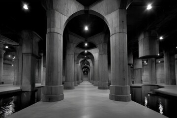 Obraz premium Monochrome capture of Buffalo Bayou Park Cistern, an underground reservoir, featuring concrete columns and arched ceilings reflecting in still water, creating a mesmerizing subterranean landscape.