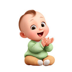 A cartoon baby with brown hair and eyes wearing a green shirt and clapping hands sitting on a black background on transparent background