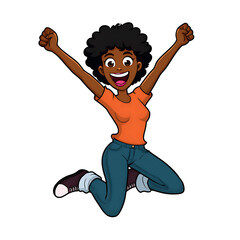 A cartoon woman with dark skin, wearing an orange shirt and jeans, jumping with arms raised in celebration on transparent background