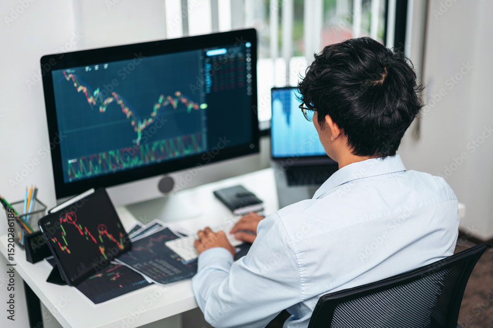 Poster businessman investor working with computer, tablet and analyzing graph stock market trading planning
