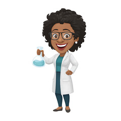 Cartoon woman in lab coat holding flask with blue liquid against a black background in a full shot on transparent background