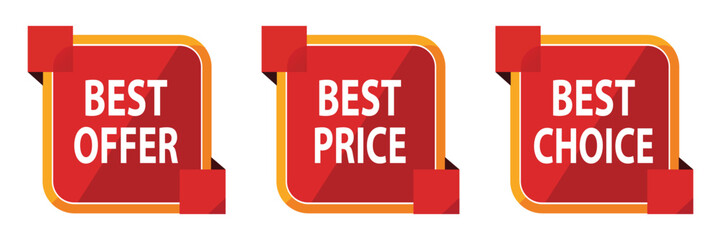 Three red product badges with 