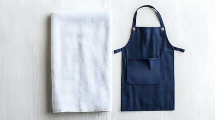 White Towel And Navy Apron On Wooden Table