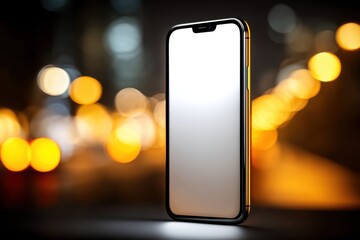 A modern frameless smartphone with a blank white screen stands against a blurred background of city lights, ready for app presentation or digital product placement.