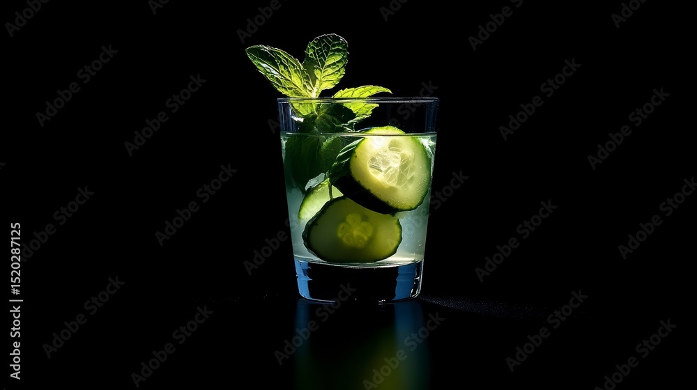 Poster refreshing cucumber and mint drink in a glass on black background.