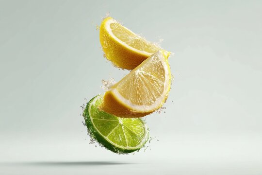Fresh lemon and lime slices in water splash, a vibrant image capturing the essence of citrus, offering a refreshing and zesty feel for summer themes and healthy lifestyle content.