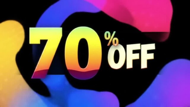 A seventy percent off sale advertisement with colorful background and black abstract shapes around - Powered by Adobe