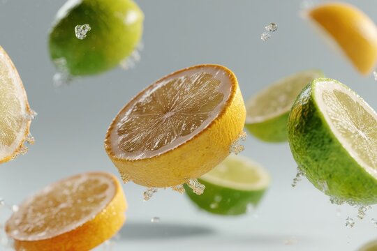 Floating slices of fresh lemons and limes with water droplets creating a refreshing and vibrant citrus fruit display for a healthy lifestyle theme.