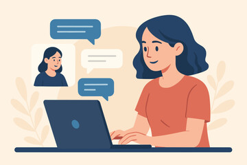 Woman working on laptop, engaged in online chat or video call. Business communication, remote work, virtual meeting, messaging app. Female professional, digital technology, flat vector illustration.