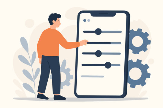 Mobile interface customization. Man adjusting smartphone app settings. User experience personalization with UI sliders. Phone options configuration. Technology, software, device preferences setup.
