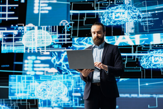 Tech savvy businessman reviewing AI brain programming for innovation, exploring algorithmic thinking and deep learning through neural network system. Virtual intelligence in the digital age.