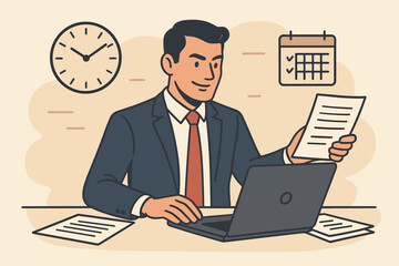 Fototapeta premium Businessman multitasking at office desk. Professional worker with laptop, documents, clock, calendar. Efficiency, productivity, time management, planning, workflow optimization. Vector.