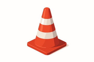 Detailed isometric traffic cone vector. Bright orange and white striped safety pylon icon for road construction sites and street work zones. Essential warning, caution, and hazard alert symbol.