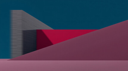 A modern building with red and blue geometric design under a clear sky.