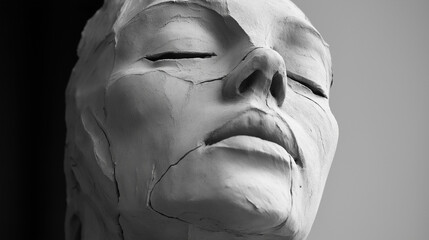 An artistic woman’s face sculpted from smooth white clay, set against a clean gray background, highlighting soft features and minimalistic elegance.

