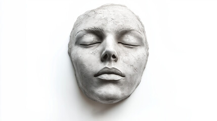 An artistic woman’s face sculpted from smooth white clay, set against a clean white background, highlighting soft features and minimalistic elegance.
