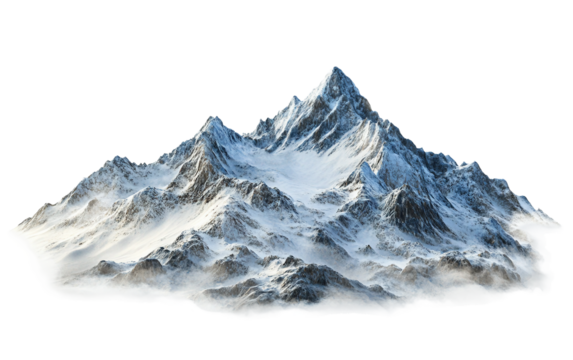 Majestic snow-covered mountain range under a clear blue winter sky with frosted trees isolated on transparent background PNG