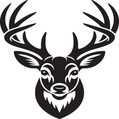 A stylized black and white deer head with large antlers on a light gray background illustration