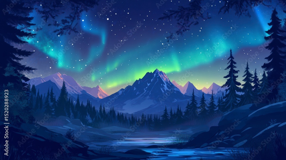 Poster night scene of aurora borealis over snow-capped mountains and pine forest reflecting in a still lake