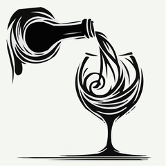 Wine bottle pouring into glass with swirling liquid design  