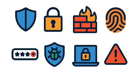 Flat vector icons of cybersecurity elements: shield, lock, firewall, fingerprint, password, antivirus, VPN, alert notification.