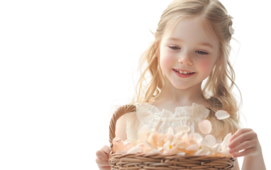 Adorable spring flower girl holding a basket filled with soft petals during a joyful outdoor wedding ceremony isolated on transparent background PNG