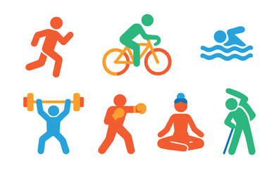 Flat vector icons of fitness activities: running, cycling, swimming, yoga, weightlifting, boxing, hiking, stretching.