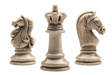 Artistic chess pieces: intricately carved knights and queen on display, cut out