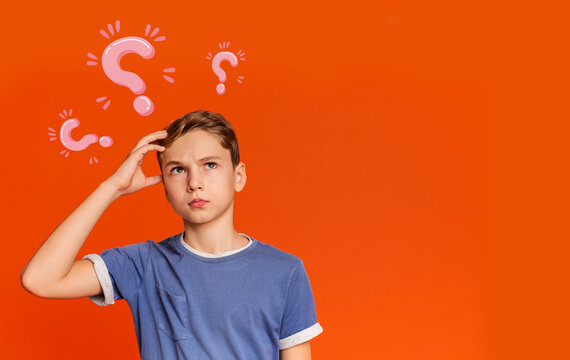 Fototapeta Thoughtful Caucasian teenager searching for creative solution to problem on orange background, collage with question marks. Copy space. Smart ideas and innovative decisions concept